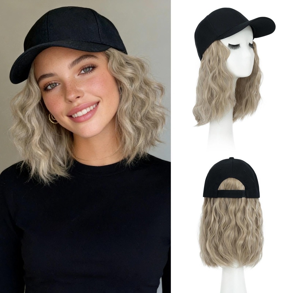 NWT Benehair Hat Wig 8" Short Wavy Bob Ash Blonde Baseball Cap Adjustable